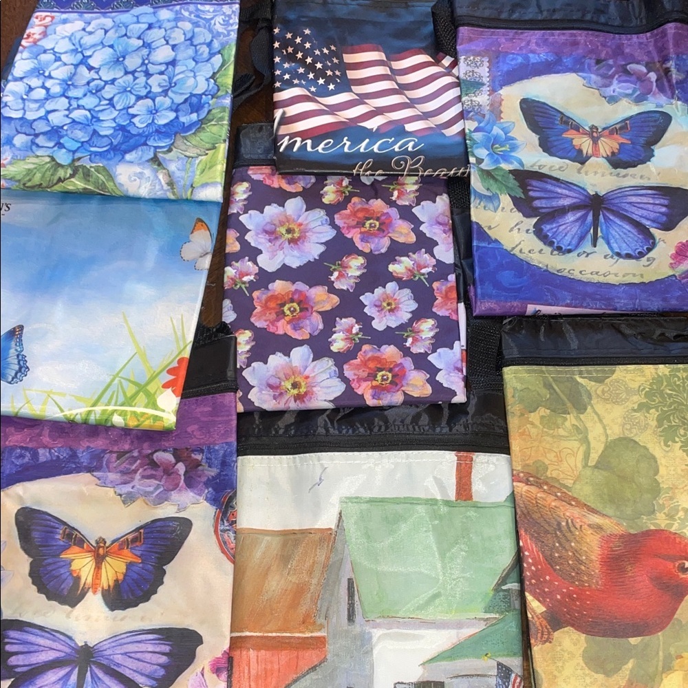 Lot of 9 Colorful Butterfly and Floral Bird Flag Farm Tote Bags